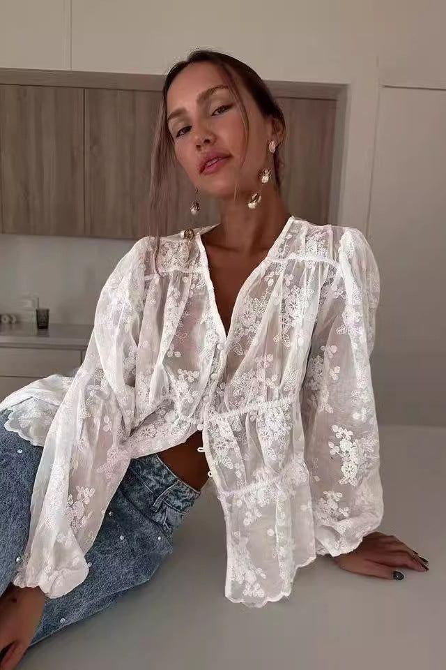Loose Embroidered Long-Sleeved Shirt