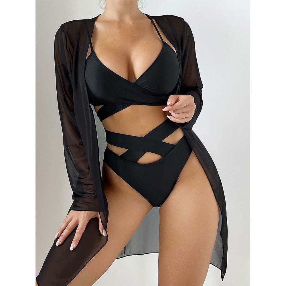 Cover-up Lace-up Bikini Swimsuit Three-piece Set