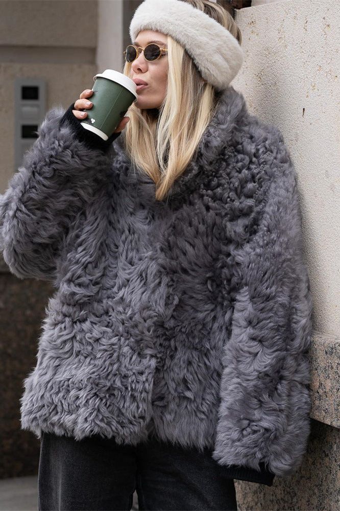 Loose buttoned artificial fur coat