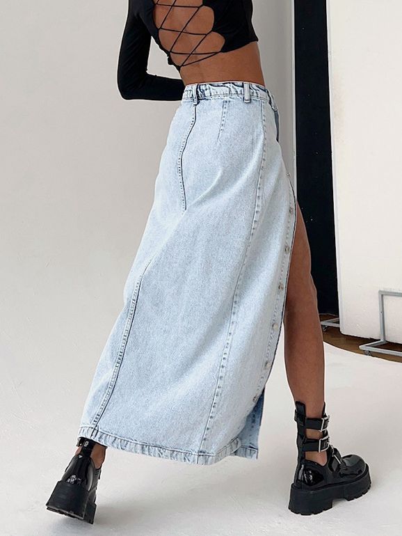 American retro slit denim long skirt