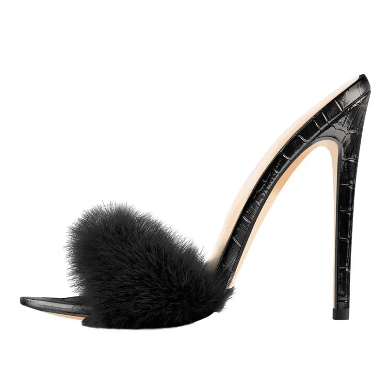 Furry Thin High Heeled Peep Toe Sandals