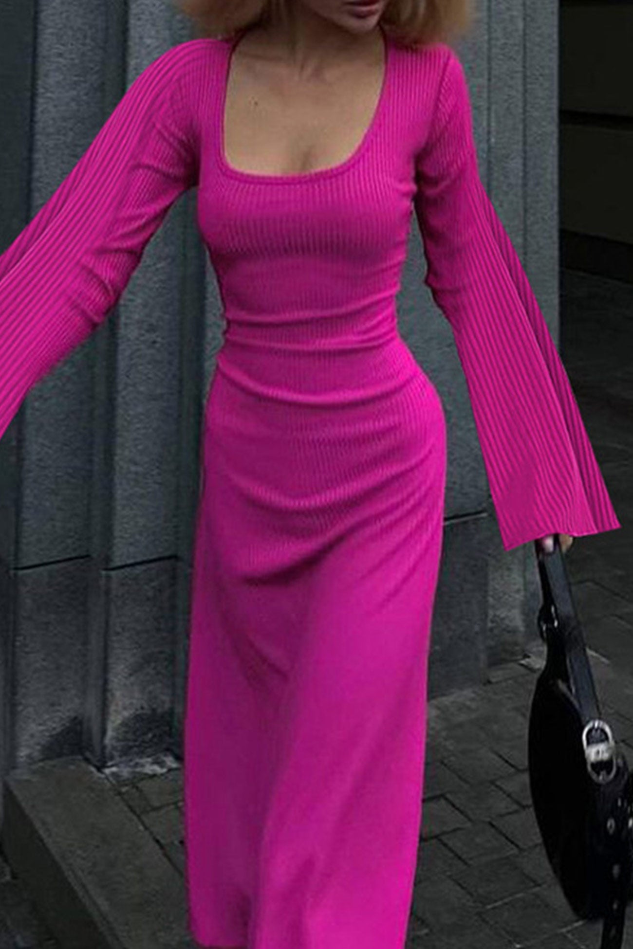Back Ribbed Dress Ribbed Flares Sleeve Tie-back Dress – Godu Shop