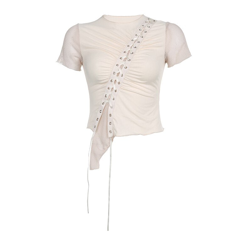 Asymmetrical Fishnet Patchwork Folds Lace Up Top