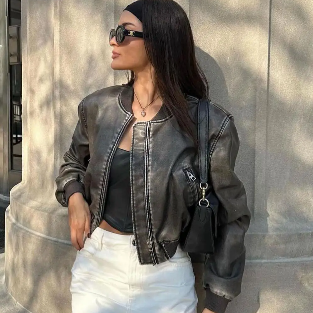 Brown Leather Bomber Jacket