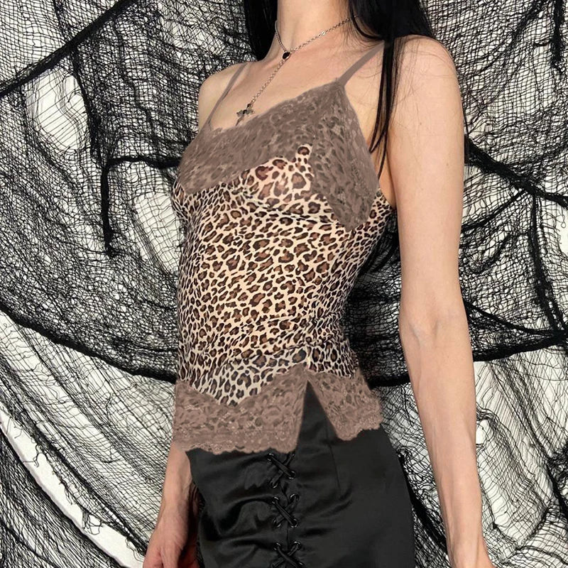 Vintage Leopard Lace Spliced Halter Top