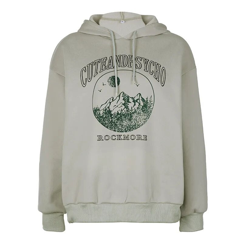 Grey Printed Graphic Long Pullover Hoodie