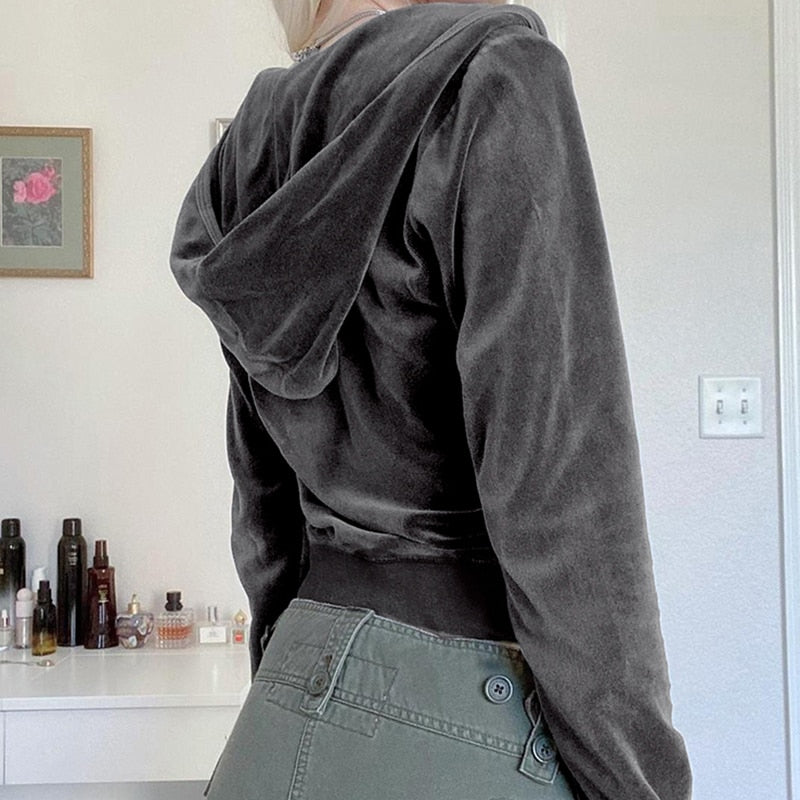 VibeMartini Y2K  Gray Jackets Velvet Casual Sweatshirt Harajuku Streetwear Zippers Pockets Hooded Coats Vintage Autumn Cloth