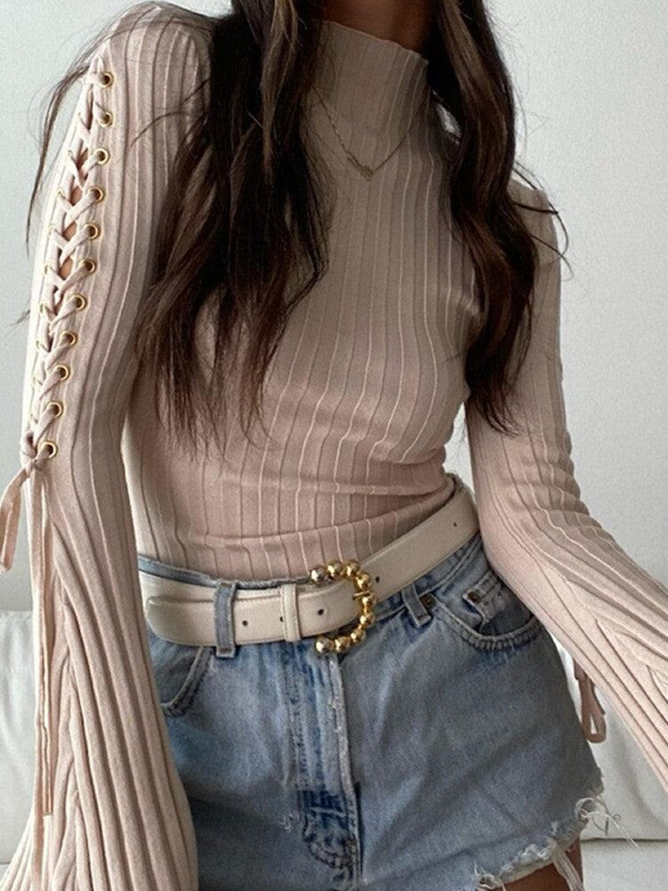 Lace Up Rib Flare Sleeve BodySuit