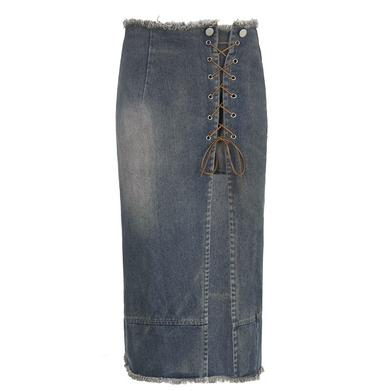 Asymmetrical Lace Side Split Denim Long Skirt