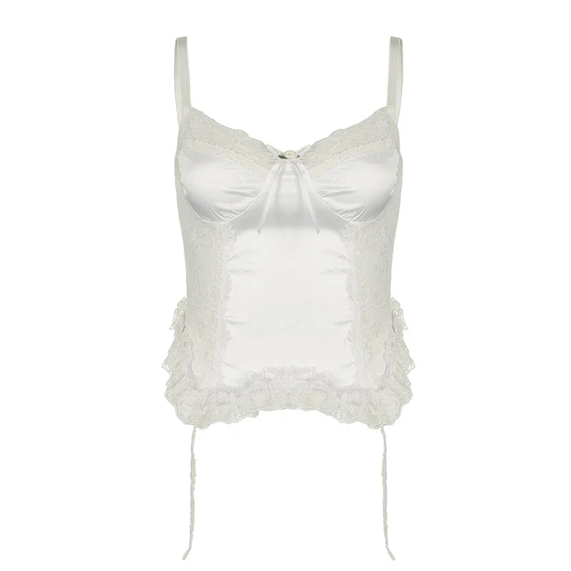 White Satin Lace Spliced Ruffles Crop Top