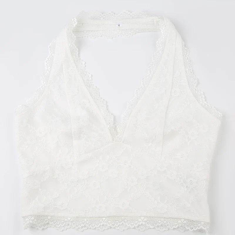 White Lace Halter Sleeves Backless Top