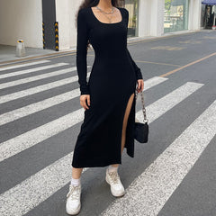 Black Long Velour Side Split Dress