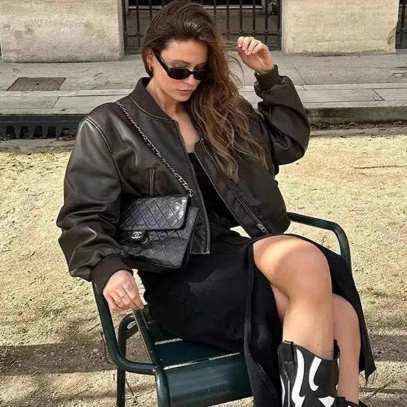 Brown Leather Bomber Jacket