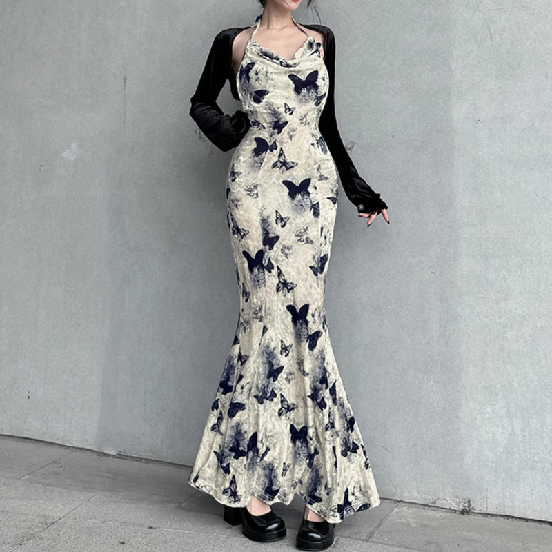 Vintage Velour Butterfly Printed Long Dress