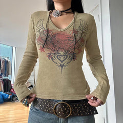 Khaki Graphic Printed Long Sleeves Slim Top