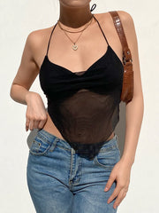 Black Backless Lace Up Irregular Top