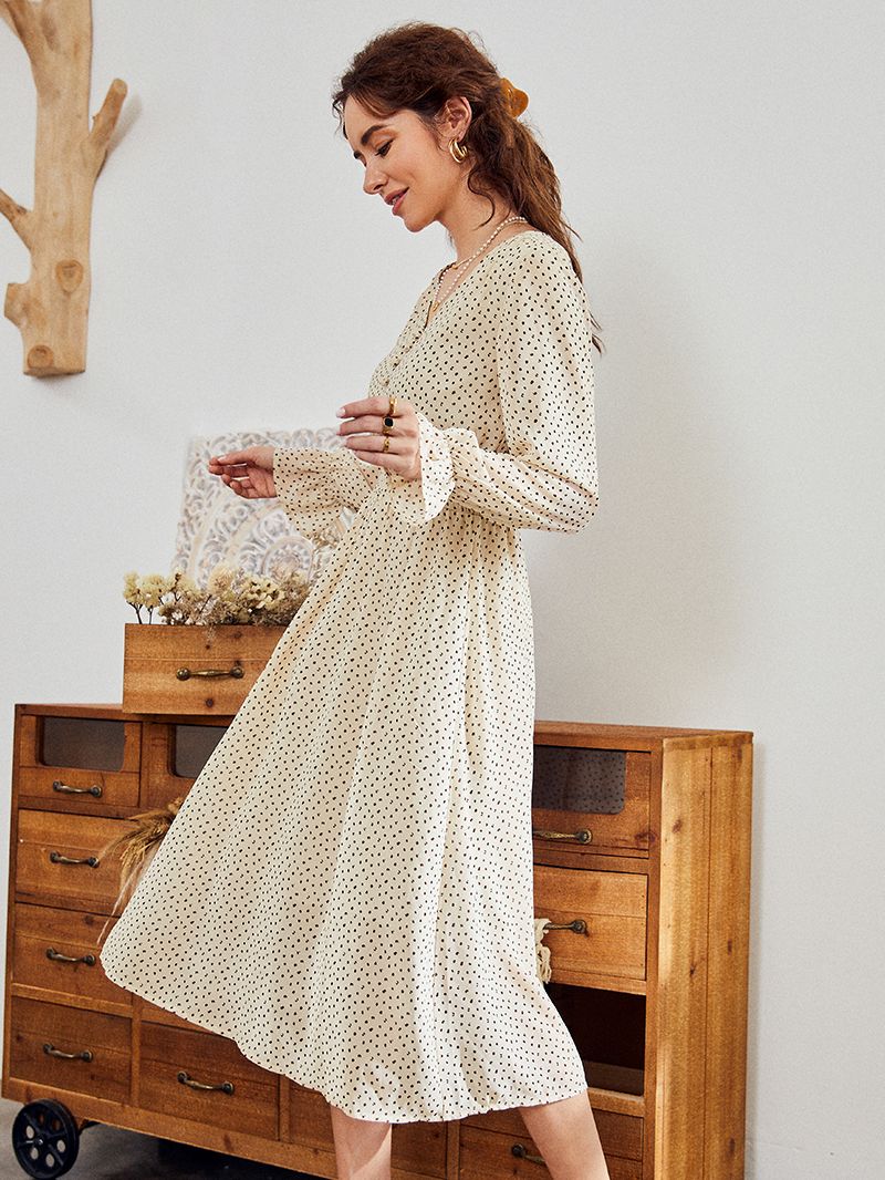 floral print dress Elegant  puff sleeve a line v neck sash dress High waist work wear office lady dress