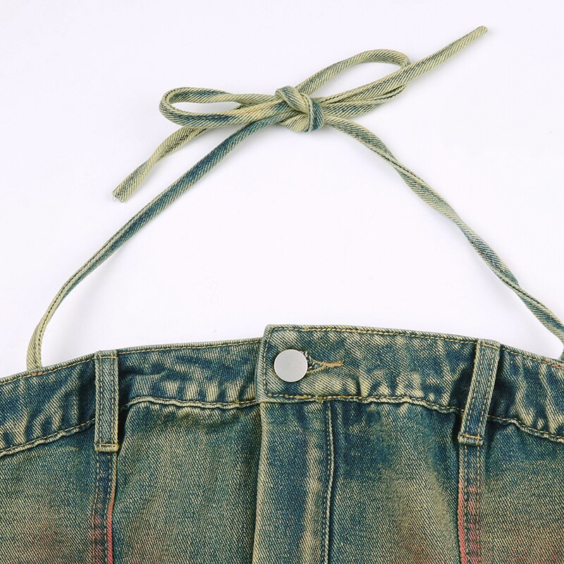 Vintage Halter Buttons Denim Top