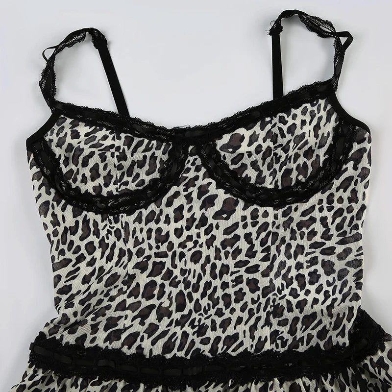 Vintage Leopard Lace Spliced Ruffles Transparent Top