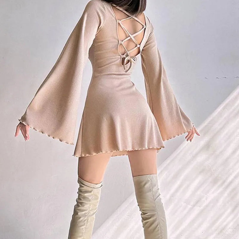 Backless Flare Sleeve Knit Lace-Up Dress