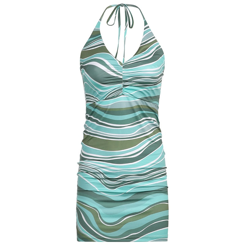 Wave Print Sexy Backless Halter Dress  Party Summer Sleeveless Short Dress Elegant 90S Fashion Streetwear