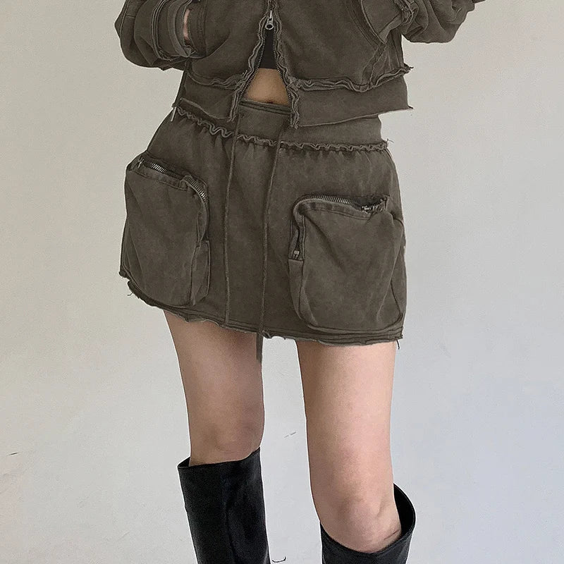 Vintage Ruched Cargo Pockets  Mini Skirt