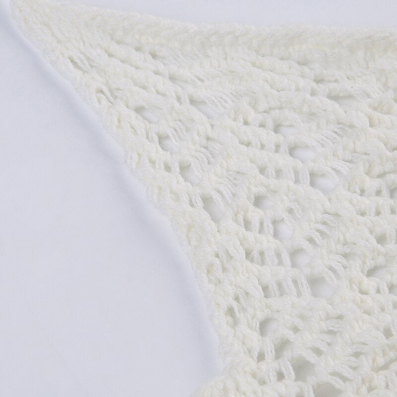 White Knitted Crochet Backless See-though Top