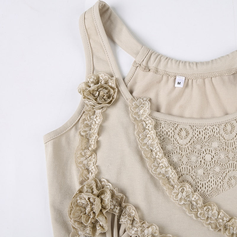 Vintage Khaki Lace Patchwork Chain Top