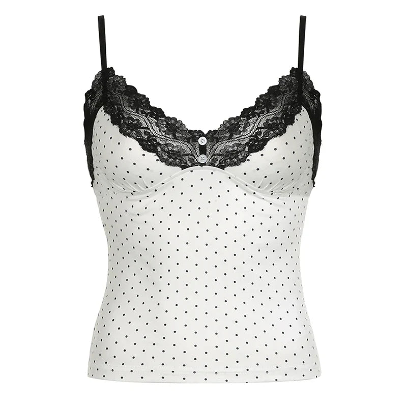 Vintage Polka Dot Lace Trim Strap Top