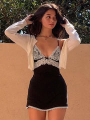 V Neck Patchwork White Lace Sleeveless Mini Dress Summer Bodycon Short Dresses  Skinny Party Club 90S