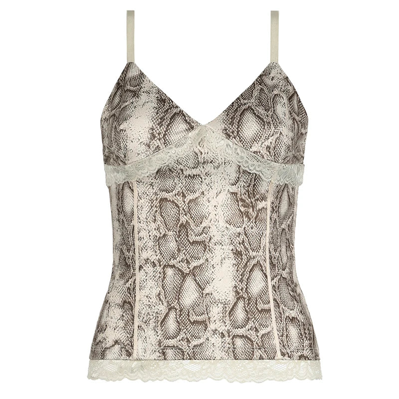 Vintage Snake Print Lace Patchwork Strap Top