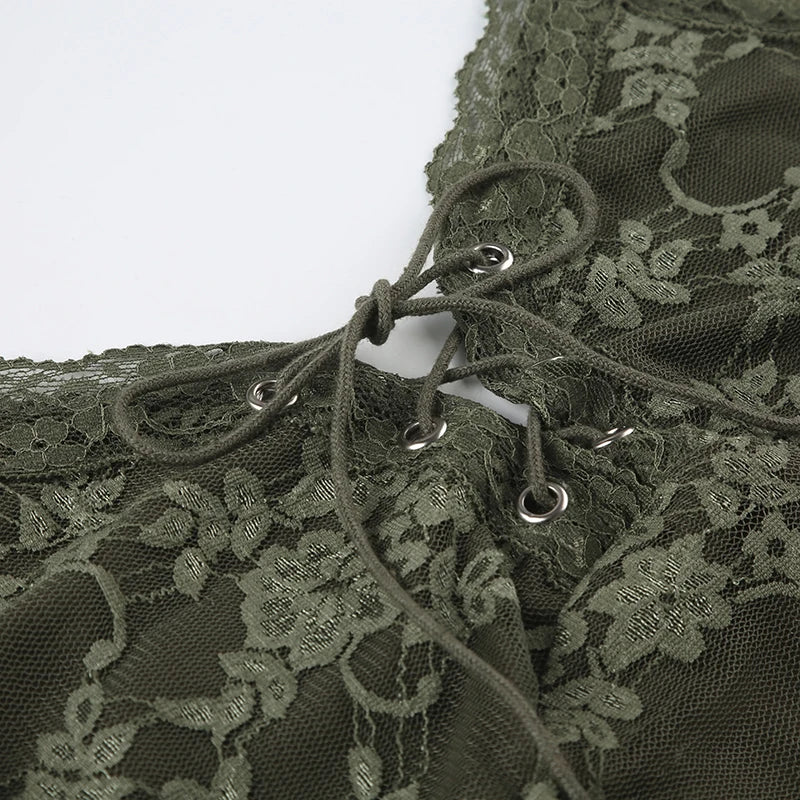 Vintage Green Lace Tie-Up Strap Top