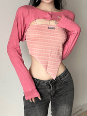 Pink Cropped Smock Top+Camis Tow Piece Set