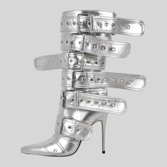 Mid-Calf Buckle Strap Stiletto Boots