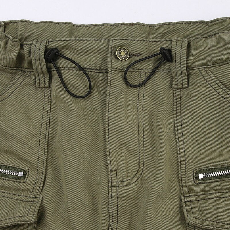 Army Green Pockets Zipper Denim Skirt