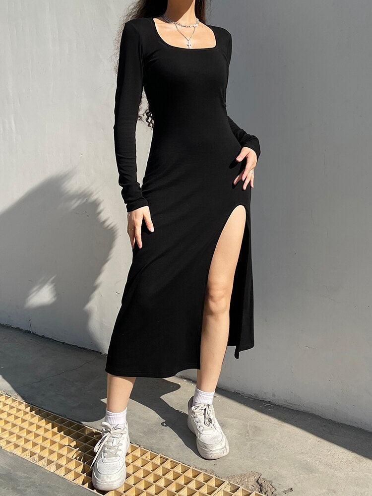 Black Long Velour Side Split Dress