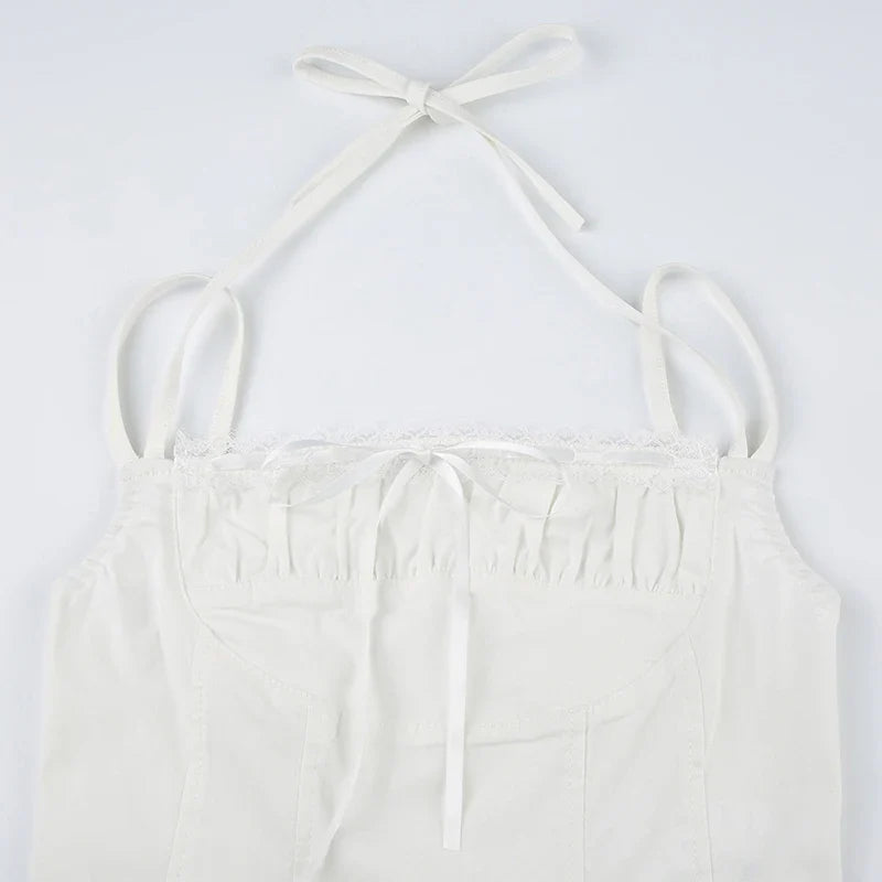 White Lace Trim Fold Halter Crop Top