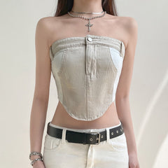 Streetwear Cargo Style Strapless Denim Top