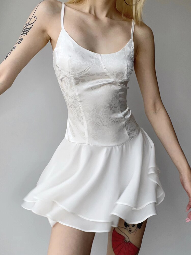 White Jacquard Patchwork Satin Vintage Dress