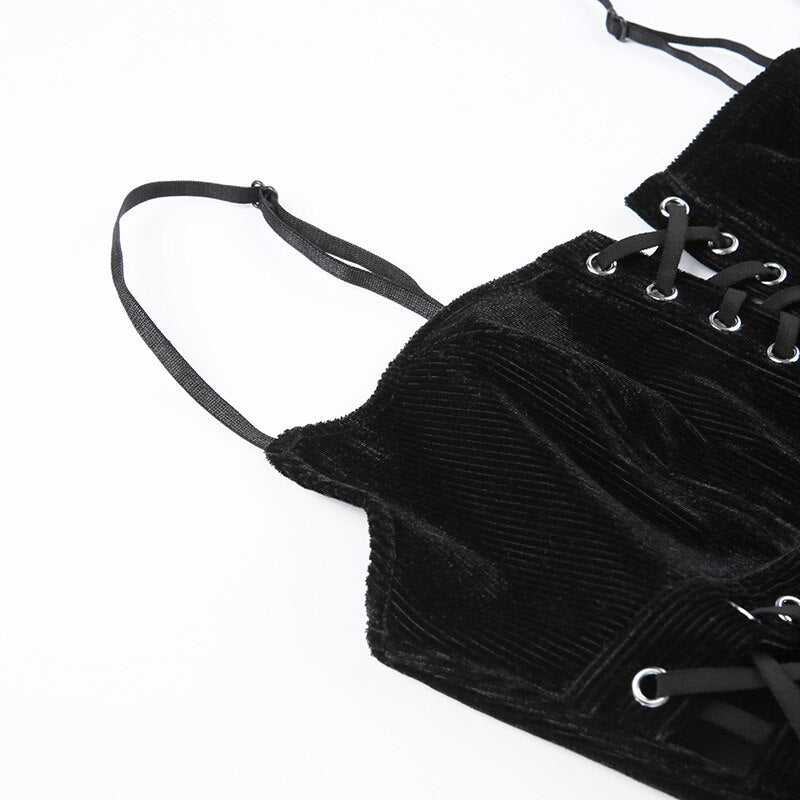 Black Velour Camisole Lace Up Gothic Tops