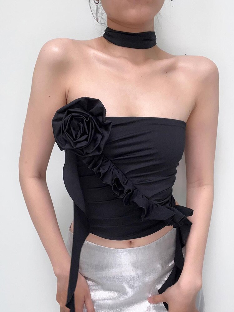 Asymmetrical Floral Halter Ruffles Slim Top