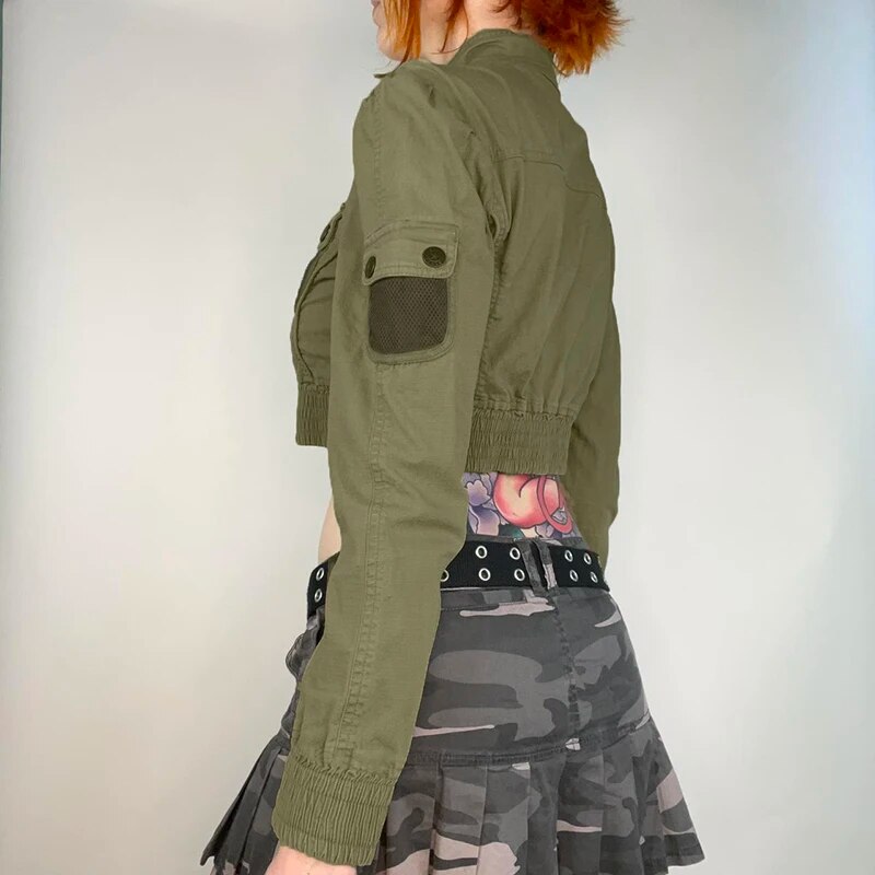 Army Green Stand Collar Zip Up Pockets Coat