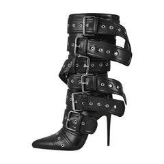Mid-Calf Buckle Strap Stiletto Boots