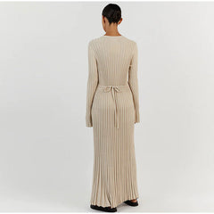 Beige Long Sleeve Knit Midi Dress