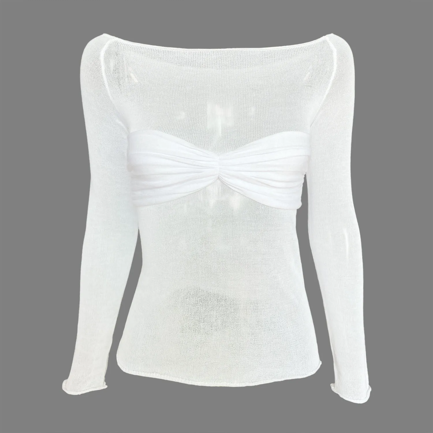 White Long Sleeve See Through Knit Off The Shoulder Top