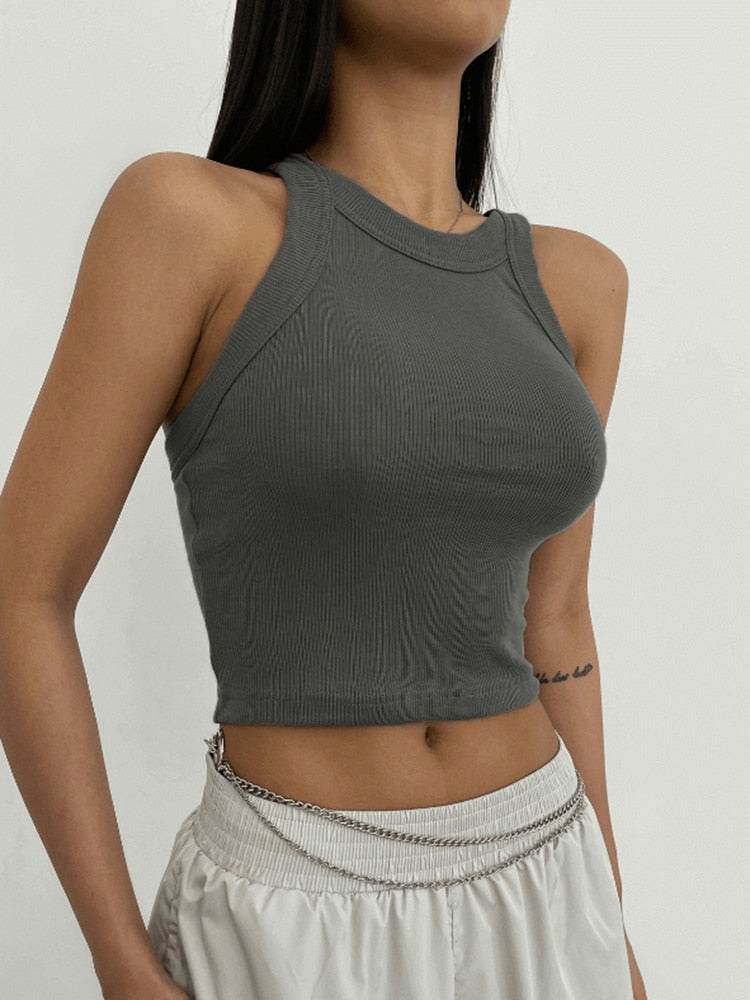 Round Neck Backless Slim Cropped Top