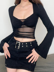 Gothic Square Neck Patchwork Slim Crop Top