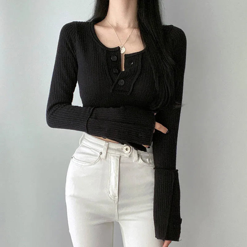 Basic Buttons Long Sleeves Crop Knit Top