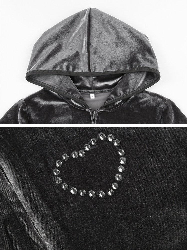VibeMartini Y2K  Gray Jackets Velvet Casual Sweatshirt Harajuku Streetwear Zippers Pockets Hooded Coats Vintage Autumn Cloth