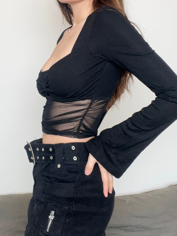 Gothic Square Neck Patchwork Slim Crop Top